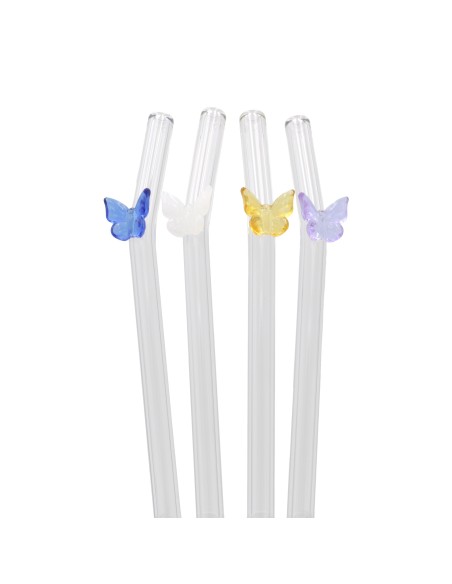 Lot de 4 Pailles en Verre avec Brosse – Design Papillon Cristal