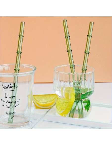 Lot de 4 Pailles en Verre avec Brosse de Nettoyage – Design Bambou Vert