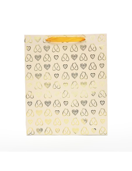 Sac Cadeau (M) Blanc avec Motif Cœur en Feuille Dorée