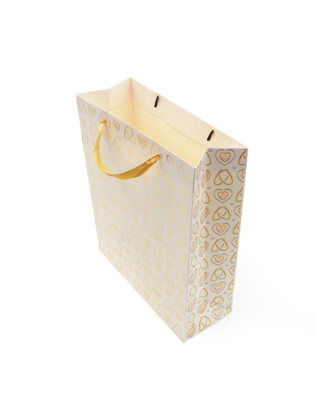 Sac Cadeau (M) Blanc avec Motif Cœur en Feuille Dorée