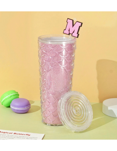 Gobelet Rose avec Écailles Embossées et Paille...