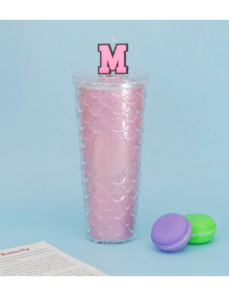 Gobelet Rose avec Écailles Embossées et Paille (700 ml)