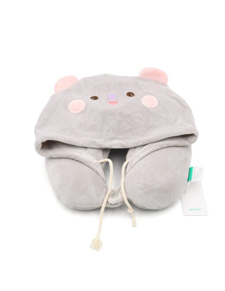 Oreiller en Forme de U à Double Usage avec Capuchon - Gris