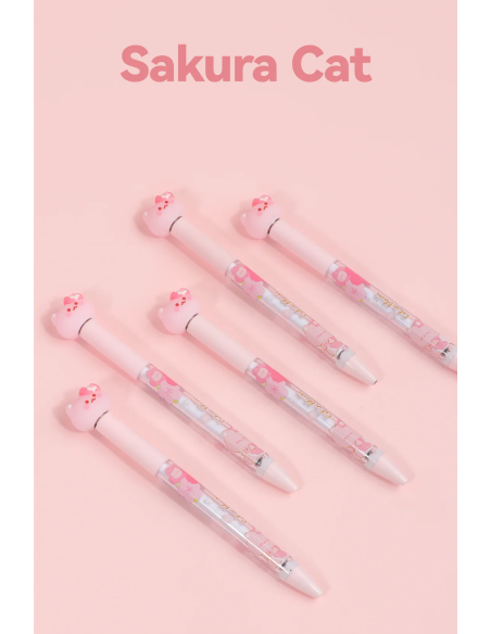 Stylo Noir Antistress Rétractable Chat & Fleurs de Cerisier
