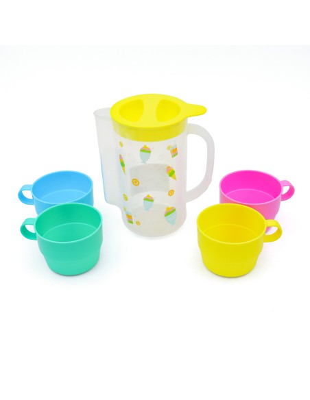 Carafe Plastique avec 4 Verres Colorés - Capacité 900 ml