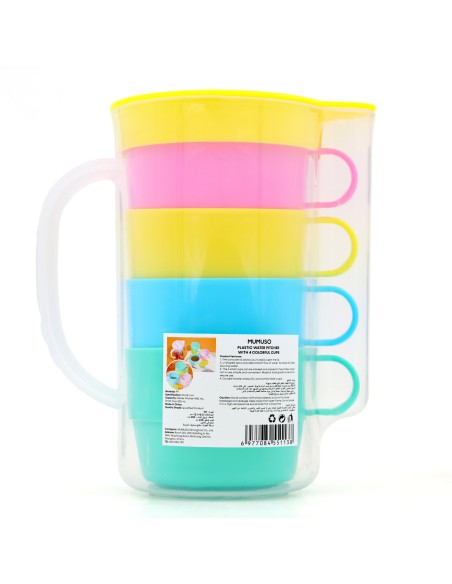Carafe Plastique avec 4 Verres Colorés - Capacité 900 ml