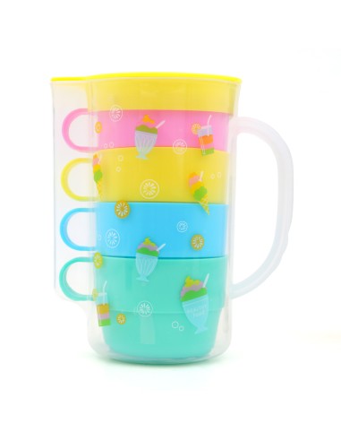 Carafe Plastique avec 4 Verres Colorés -...