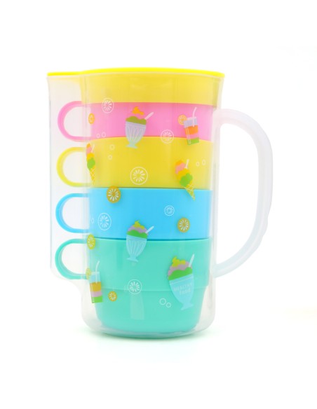 Carafe Plastique avec 4 Verres Colorés - Capacité 900 ml