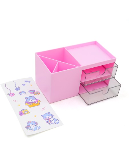 Organisateur de Bureau avec 2 Tiroirs - Design Chat Mignon Rose