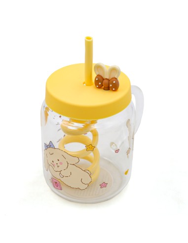 Mug Verre Cartoon Jaune avec Paille Spiralée &...