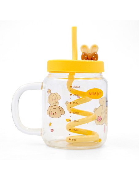 Mug Verre Cartoon Jaune avec Paille Spiralée & Couvercle