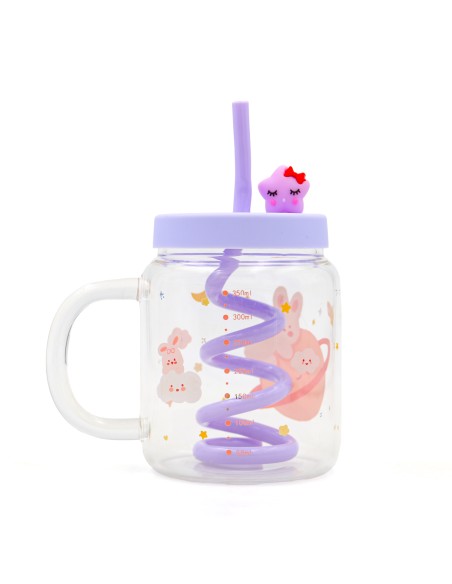 Mug Verre Cartoon Violet avec Paille Spiralée & Couvercle