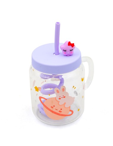 Mug Verre Cartoon Violet avec Paille Spiralée &...