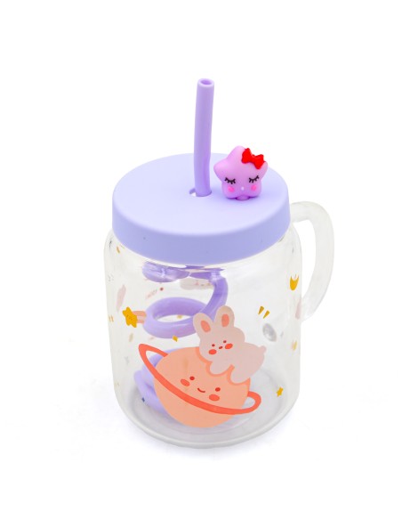 Mug Verre Cartoon Violet avec Paille Spiralée & Couvercle