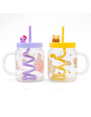 Mug Verre Cartoon Violet avec Paille Spiralée &...