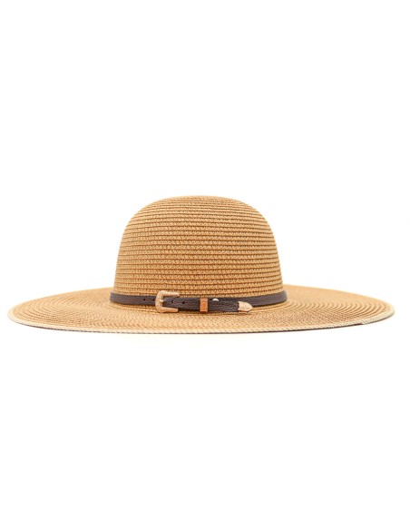 Chapeau de Paille à Large Bord avec Lanière en Cuir (Marron)