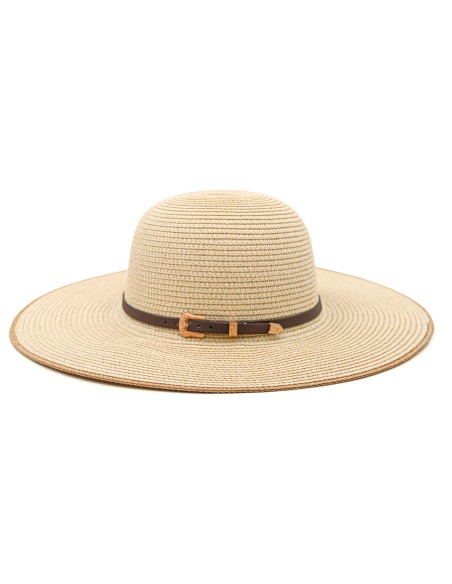 Chapeau de Paille à Large Bord avec Lanière en Cuir (Beige)