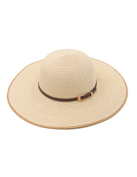 Chapeau de Paille à Large Bord avec Lanière en Cuir (Beige)