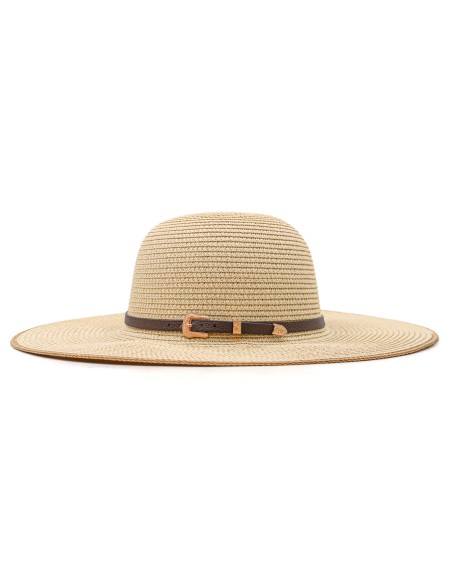 Chapeau de Paille à Large Bord avec Lanière en Cuir (Beige)