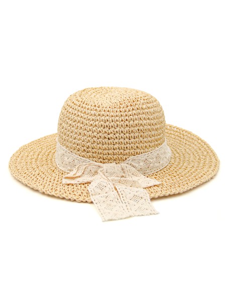 Chapeau de Paille avec Nœud en Dentelle - Beige