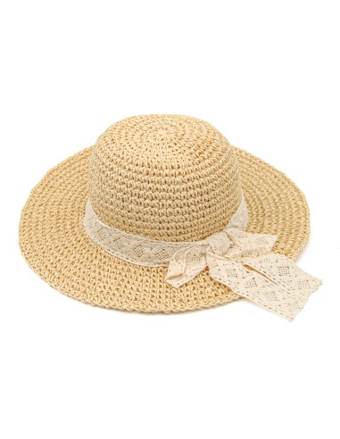 Chapeau de Paille avec Nœud en Dentelle - Beige