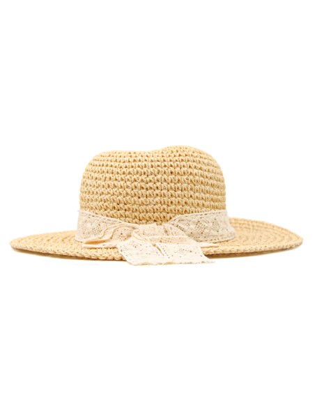 Chapeau de Paille avec Nœud en Dentelle - Beige