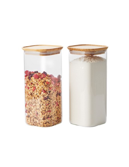 Bocal en Verre Carré avec Couvercle Bambou – 750 ml