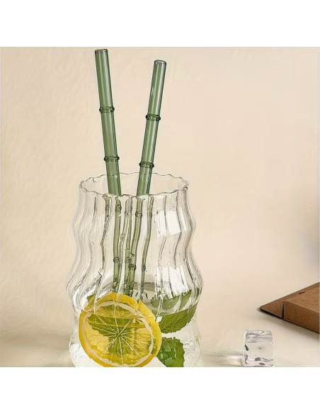 Lot de 4 Pailles en Verre avec Brosse de Nettoyage – Design Bambou Vert